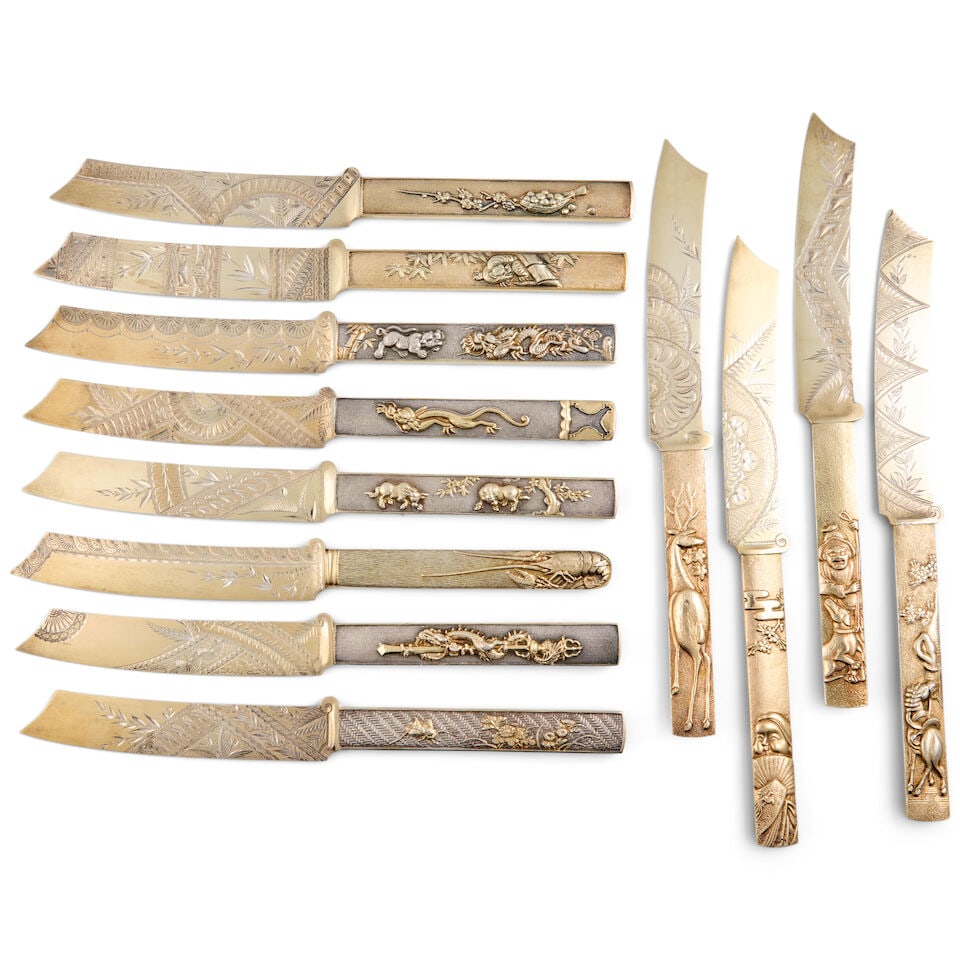 Twelve Gorham Sterling Silver and Parcel-gilt Knives,: Twelve Gorham Sterling Silver and Parcel-gilt Knives, Providence, Rhode Island, last quarter 19th century, monogrammed, knife handles in the manner of Japanese kozuka, with varied textured ground and 