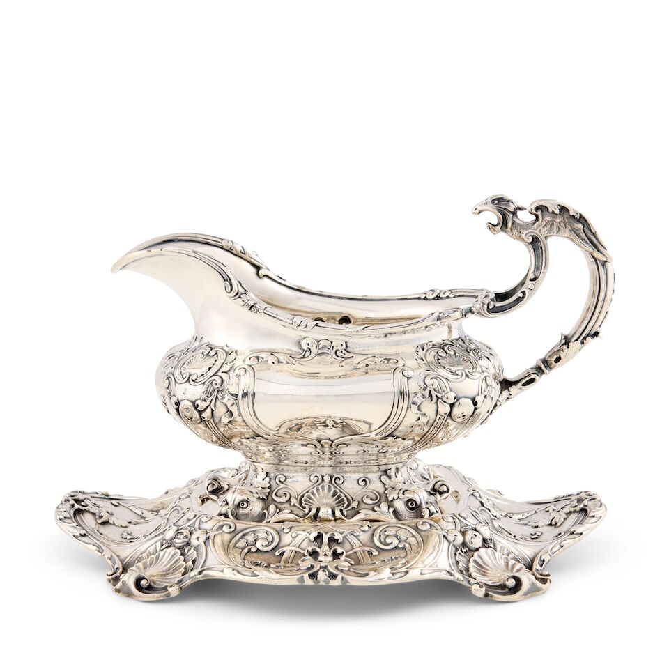 Gorham Sterling Silver Sauceboat and Undertray,: Gorham Sterling Silver Sauceboat and Undertray, Providence, Rhode Island, c. 1910, sauceboat marked 'SYJ' and tray marked 'SYK' likely indicating special order, each with classic shell and scroll desi