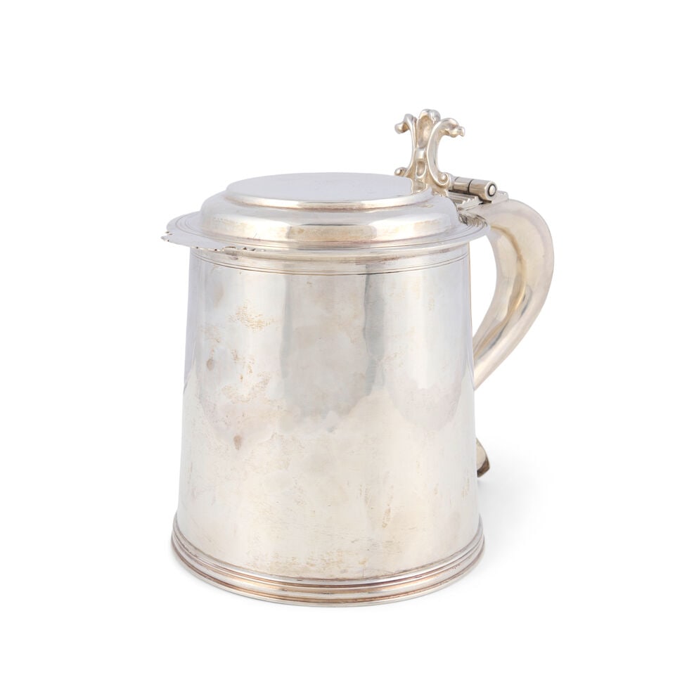 William & Mary-style Silver Tankard,: William & Mary-style Silver Tankard, bearing pseudo-English hallmarks, of plain cylindrical form, on a collet foot, ht. 7 1/2 in., approx. 38.65 troy oz. For further information on this lot please vis