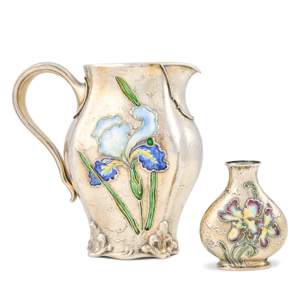 Gorham Sterling Silver and Enamel Bud Vase and Pitcher, (1 of 2)