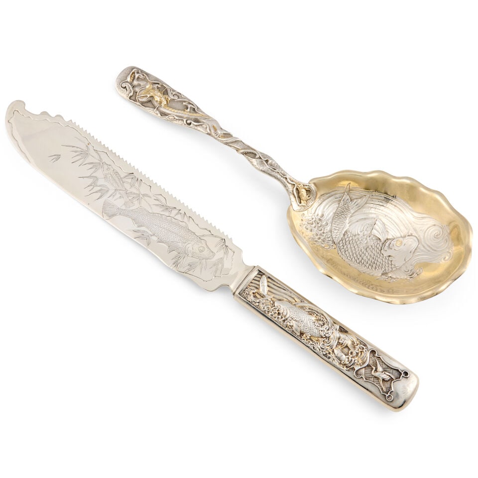 Two Gorham 'Hizan' Pattern Sterling Silver Serving Pieces,: Two Gorham 'Hizan' Pattern Sterling Silver Serving Pieces, Providence, Rhode Island, last quarter 19th century, a parcel gilt serving spoon with fish motif to the bowl, lg. 9 1/4, approx. 3.8 troy oz.