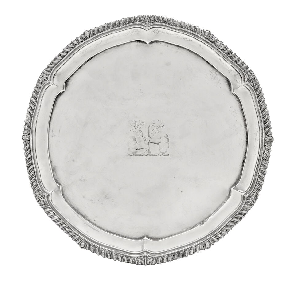 Paul Storr Sterling Silver Salver,: Paul Storr Sterling Silver Salver, London, 1814, of shaped circular form with a gadrooned rim, the center well crested, raised on acanthus scrolled feet, the underside stamped '251', dia. 12 in., appr