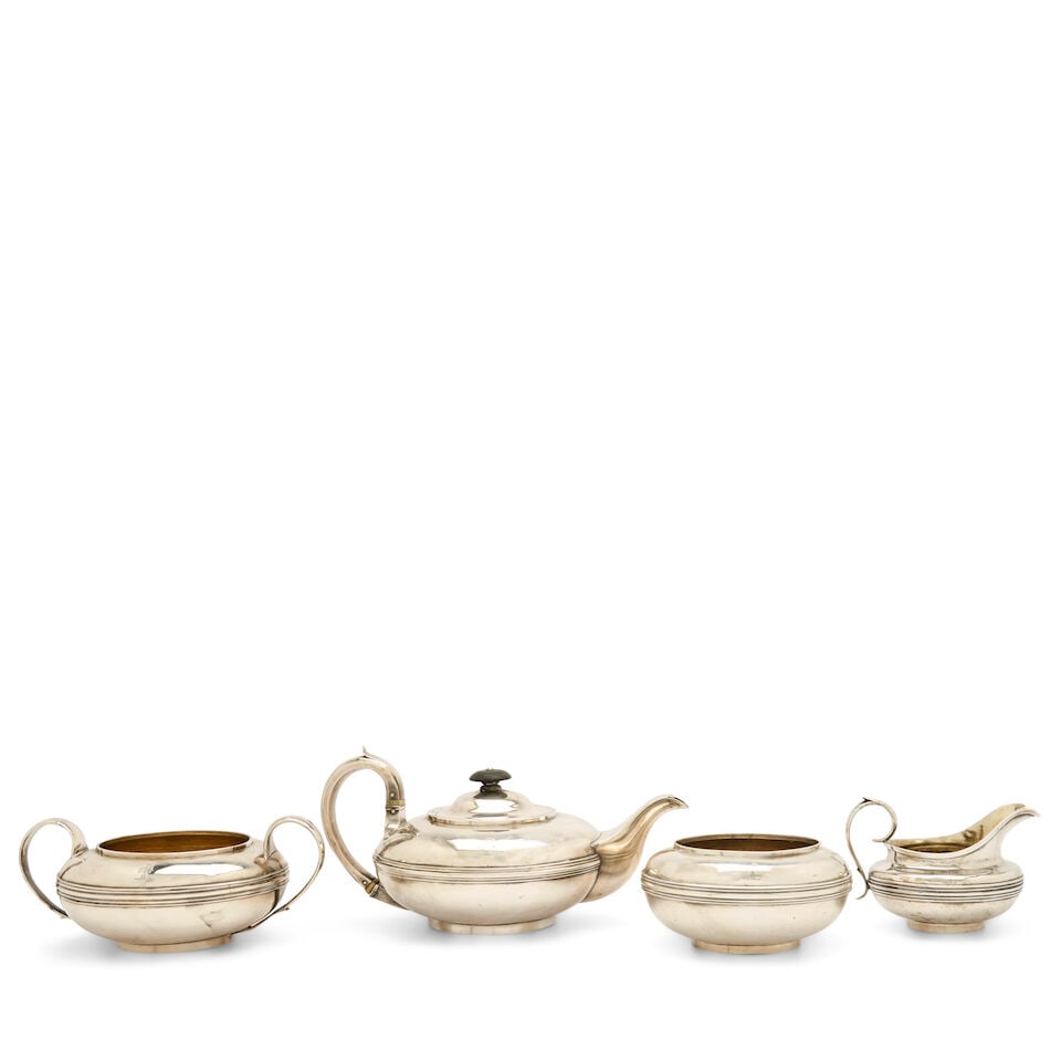 Assembled George V Sterling Silver Tea Set,: Assembled George V Sterling Silver Tea Set, London, crested, monogram to underside, of compressed globular form with applied girdle, includes teapot (Edward, Edward jr, John & William Barnard, 1829-30