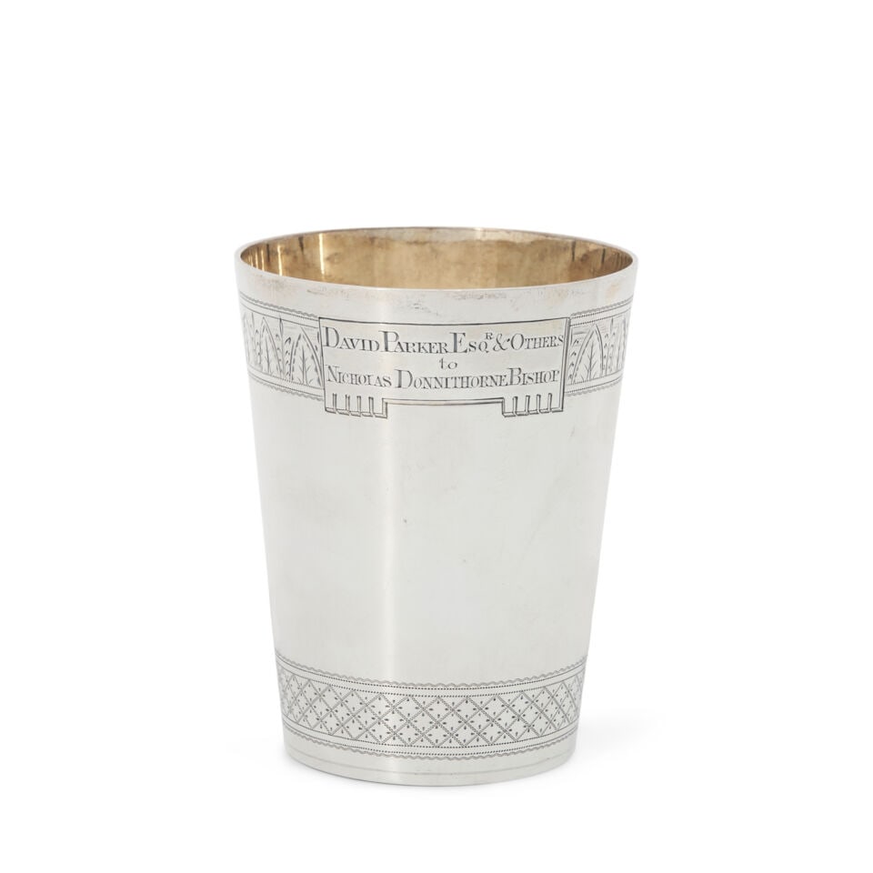 George IV Sterling Silver Cup,: George IV Sterling Silver Cup, London, 1829-30, Charles Fox II, maker, with engraved presentation inscription dated 1916, ht. 4 1/8 in., approx. 5.90 troy oz. For further information on this lot pleas
