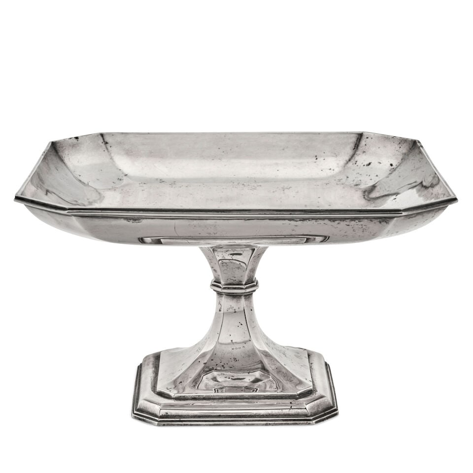 George V Sterling Silver Tazza,: George V Sterling Silver Tazza, London, 1920, Charles & Richard Comyns, makers, with square dish with canted corners raised on a forming pedestal base, the interior with monogram to center, ht. 6, 10 