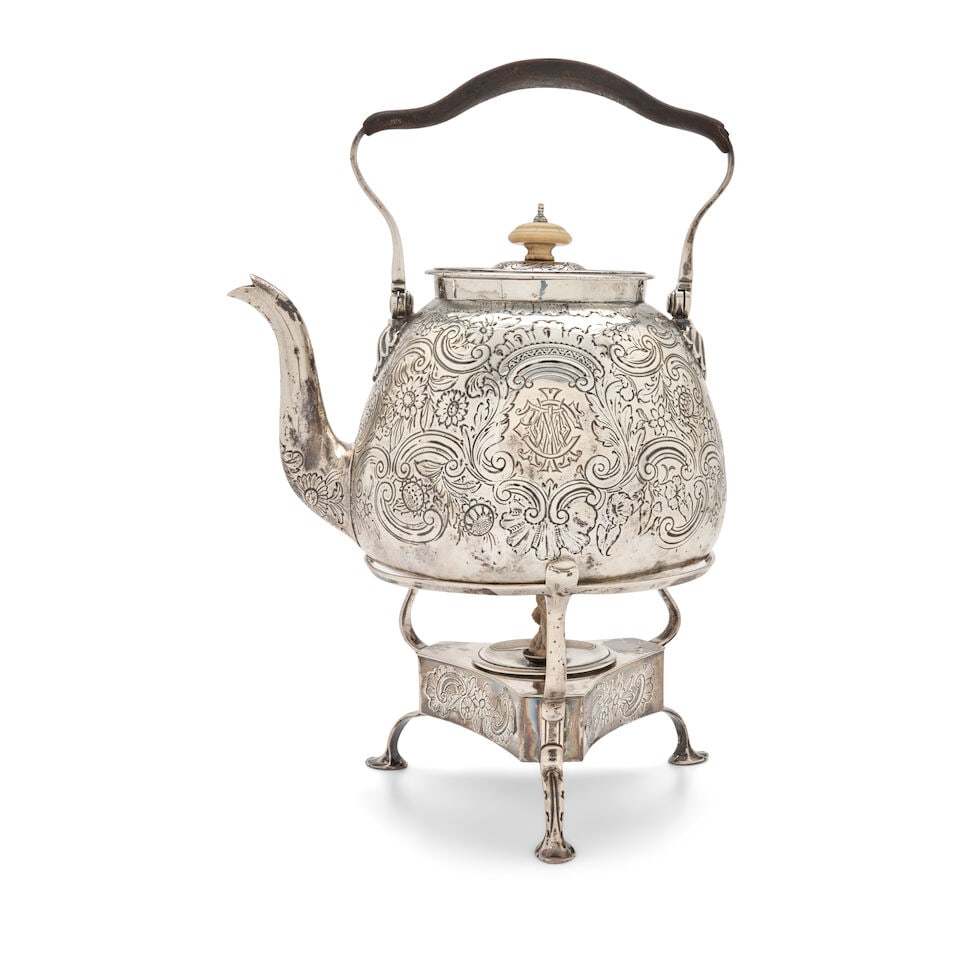 Early George III Sterling Silver Kettle on Stand,: Early George III Sterling Silver Kettle on Stand, London, 1766-67, Thomas Heming, maker, the bulbous body (with later chasing) surmounted by a domed covered and a leather-bound swing handle, set on tr