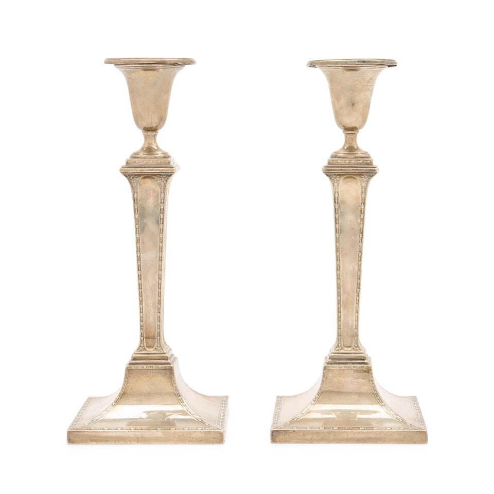 Pair of George V Sterling Silver Candlesticks,: Pair of George V Sterling Silver Candlesticks, Sheffield, 1923, Hawksworth, Eyre & Co Ltd, maker, in the Neoclassical style, ht. 11 3/4 in., weighted. For further information on this lot please visit 