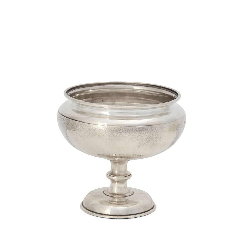 Japanese Silver Bowl,: Japanese Silver Bowl, early 20th century, sealed Miyamoto Kinsei, with spot hammered surface, raised on a knopped socle, ht. 5 1/4, dia. 5 1/2 in.; 11.80 troy oz. For further information on this lot p