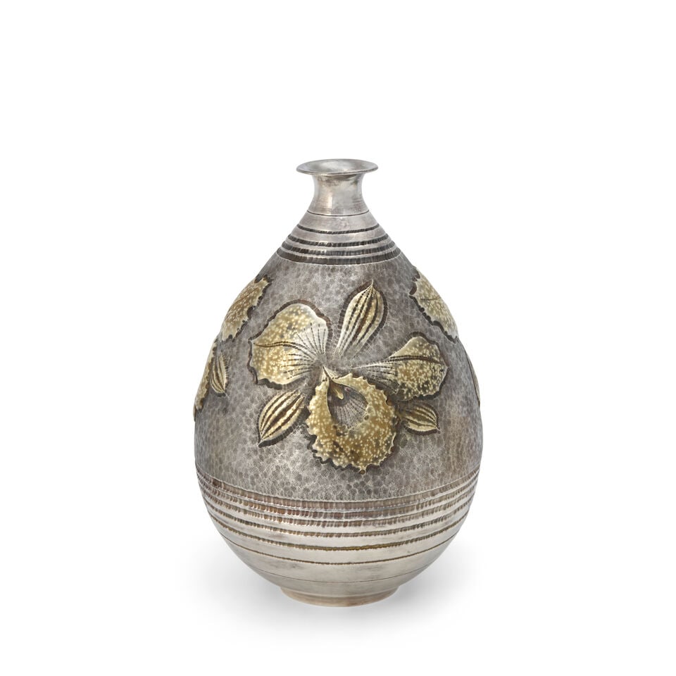 Japanese Silver Vase,: Japanese Silver Vase, 20th century, signed Kyōsei saku, of ovoid form with repousse gilt flowers against a matte ground, housed in a wooden presentation box, ht. 9 in.; approx. 16.50 troy oz. For