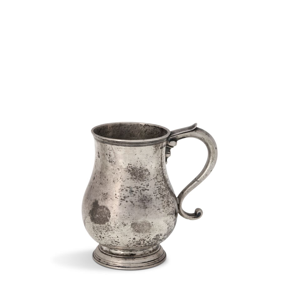 American Coin Silver Cann,: American Coin Silver Cann, 18th century, monogram to handle, of baluster form, drop something handle, reeded rim, ht. 5 1/2 in., approx. 12.25 troy oz. For further information on this lot please visit