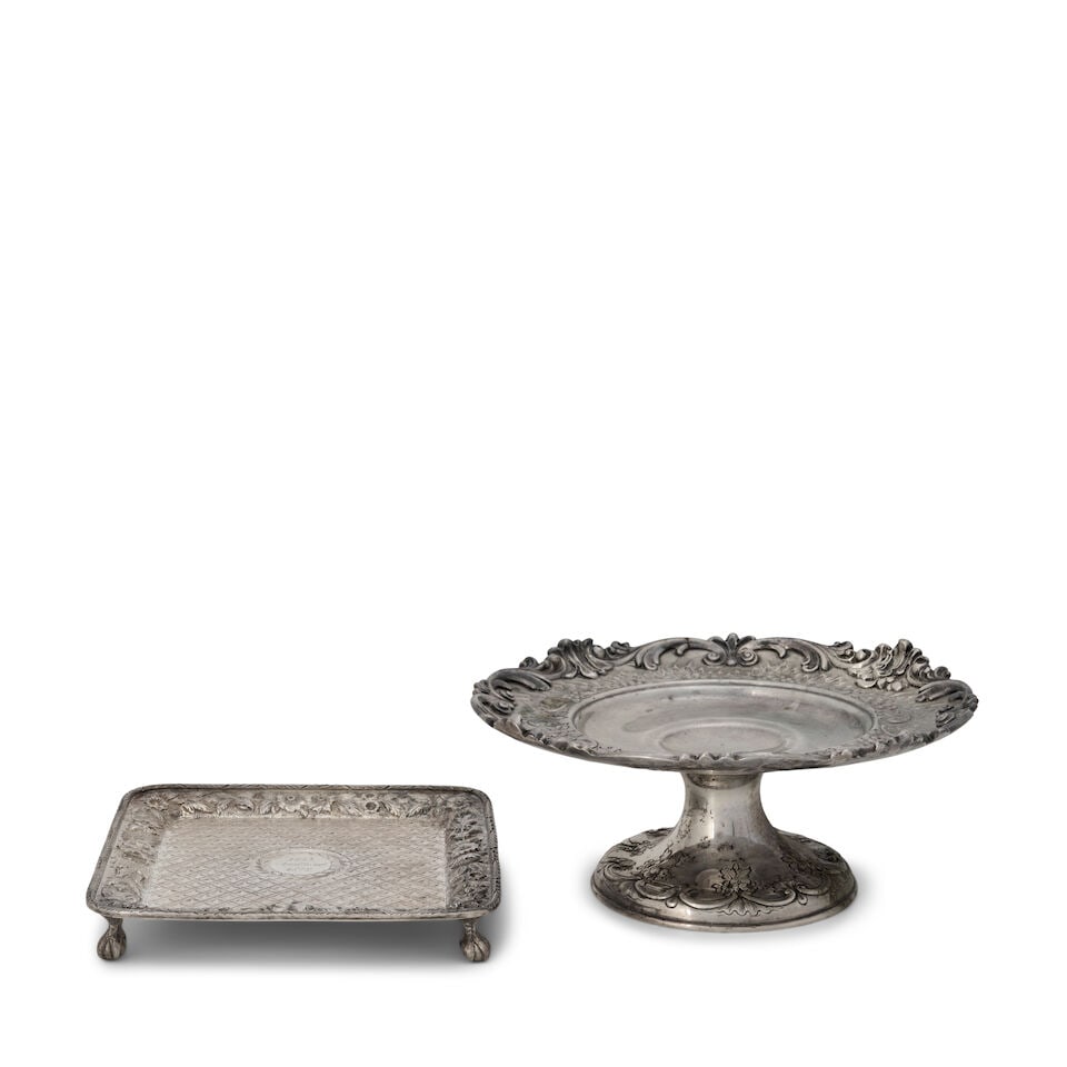 Two Pieces of American Silver,: Two Pieces of American Silver, the card tray retailed by Black, Starr & Frost, New York, late 19th century, Sterling standard, rectangular with floral repousse border, raised on four ball and claw fee
