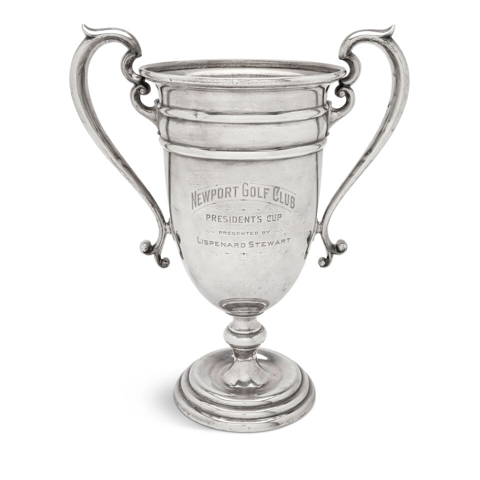 Sterling Silver Golf Trophy,: Sterling Silver Golf Trophy, The Gorham Company, early 20th century, urn form with double handles, inscribed 'Newport Golf Club/ Presidents Cup/ Presented by/ Lispenard Stewart', the other side reads 