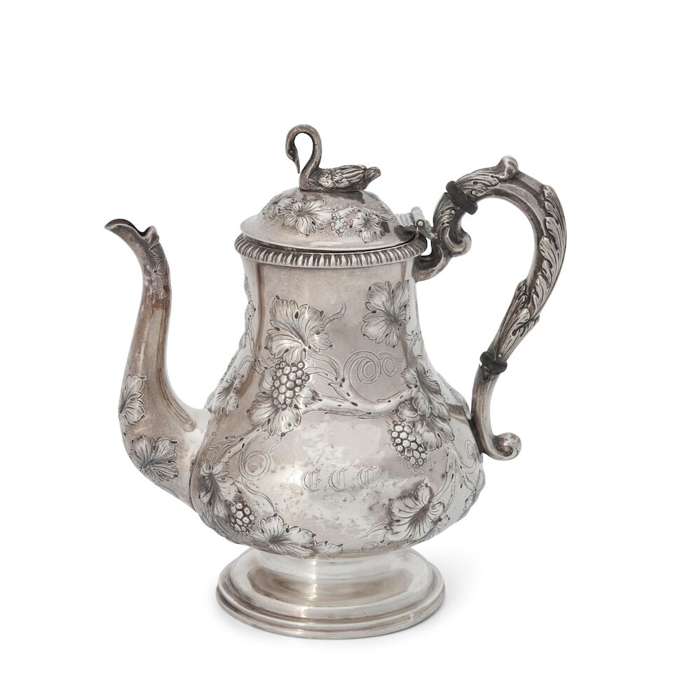 Jones, Ball & Poor Coin Silver Coffeepot,: Jones, Ball & Poor Coin Silver Coffeepot, Boston, 1846-1853, monogrammed, the baluster body surmounted by a hinged domed cover with swan finial, chased with grape and vine motif, height 8 1/4 in., app