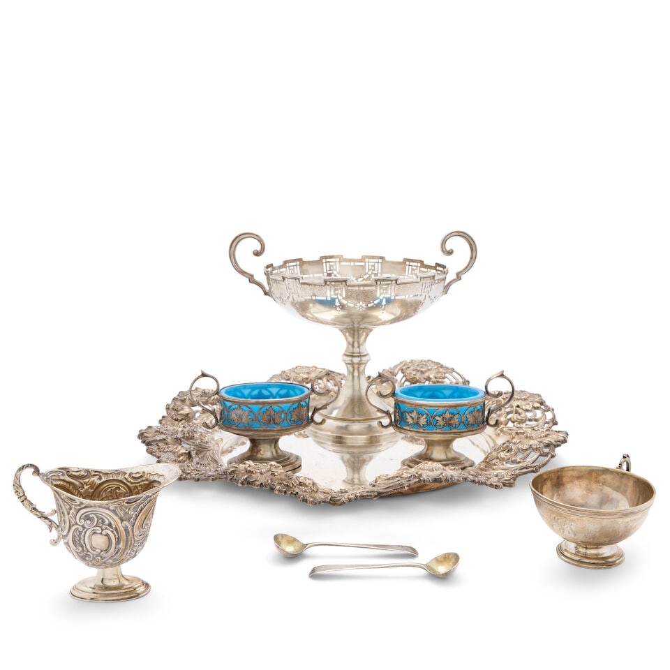 Six Pieces of American Silver,: Six Pieces of American Silver, includes a pair of Gorham & Thurber coin silver salt cellars, 1850-1852, together with two George III sterling silver salt spoons, cellar ht. 3 1/4, lg. 5; a Gorham & Co