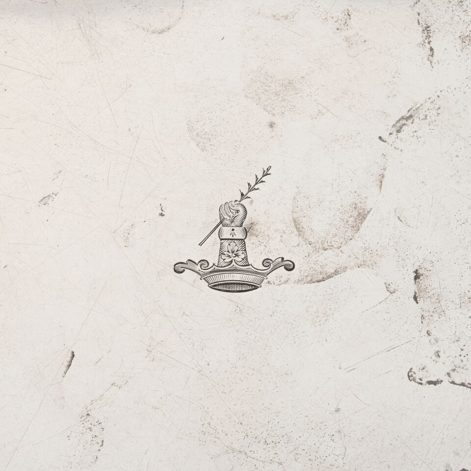 Tuttle Sterling Silver Salver,: Tuttle Sterling Silver Salver, Boston, 20th century, in the George II style, of shaped circular form with molded rim, crest to center, raised on three scroll feet, dia. 14 1/2 in., approx. 37.55 troy 