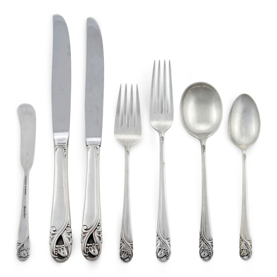 International Silver Co. 'Spring Glory' Sterling Silver Flatware Service,: International Silver Co. 'Spring Glory' Sterling Silver Flatware Service, Meriden, Connecticut, mid-20th century, includes sixteen of each: dinner knives (eight new French hollow knives, eight modern 