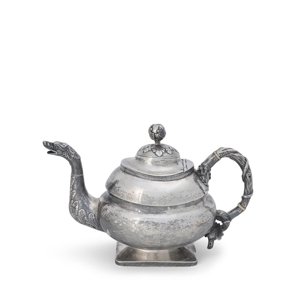 S. Kirk 11oz Silver Teapot,: S. Kirk 11oz Silver Teapot, Baltimore, Maryland, 1824-1827, of oval cushion form with a branch form handle and dragon spout, set on a rectangular plinth base, ht. 6 3/4 in., approx. 25.50 troy oz. For
