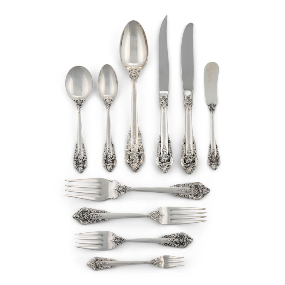 Wallace 'Grande Baroque' Sterling Silver Flatware Set,: Wallace 'Grande Baroque' Sterling Silver Flatware Set, Wallingford, Connecticut, 20th century, includes twelve of each: hollow-handle dinner knives, flat-handle butter spreaders, dinner forks, salad f
