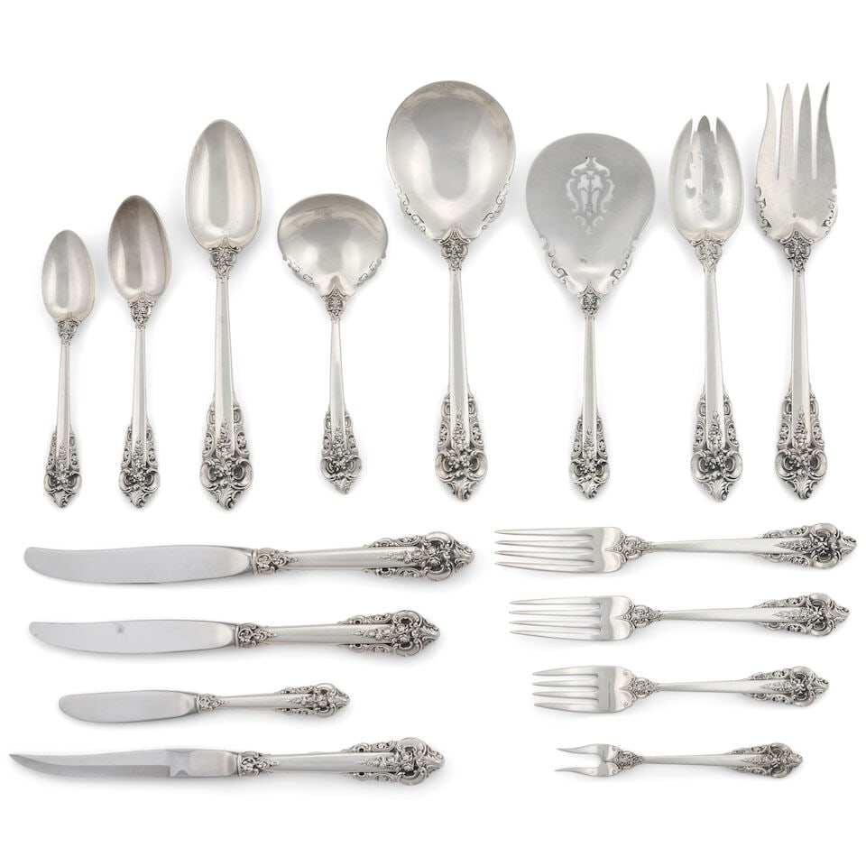 Wallace 'Grande Baroque' Sterling Silver Flatware Service,: Wallace 'Grande Baroque' Sterling Silver Flatware Service, 20th century, includes thirty-three teaspoons, twenty-seven salad forks, twenty-four hollow-handle luncheon knives, twenty-one luncheon forks
