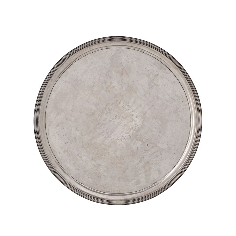 S. Kirk 11oz Silver Salver,: S. Kirk 11oz Silver Salver, Baltimore, Maryland, 1828, circular with a reeded rim, the center well with snowflake pattern and a monogrammed cartouche to center, the underside with a later inscription