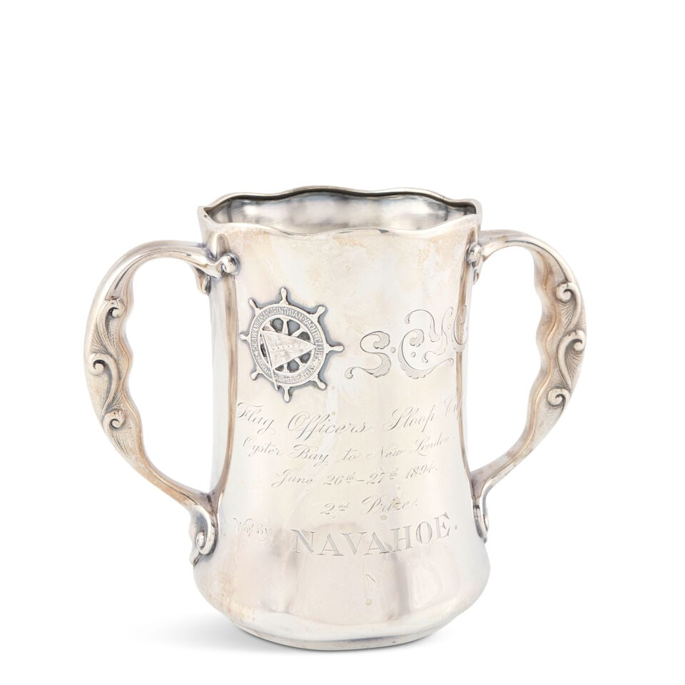 Whiting Sterling Silver Yachting Trophy Cup,: Whiting Sterling Silver Yachting Trophy Cup, New York, 1894, in the Art Nouveau style, engraved 'Flag Officers Sloop Cup./ Oyster Bay to New London./ June 26th-27th 1894./ 2nd Prize./ Won by Navahoe.'