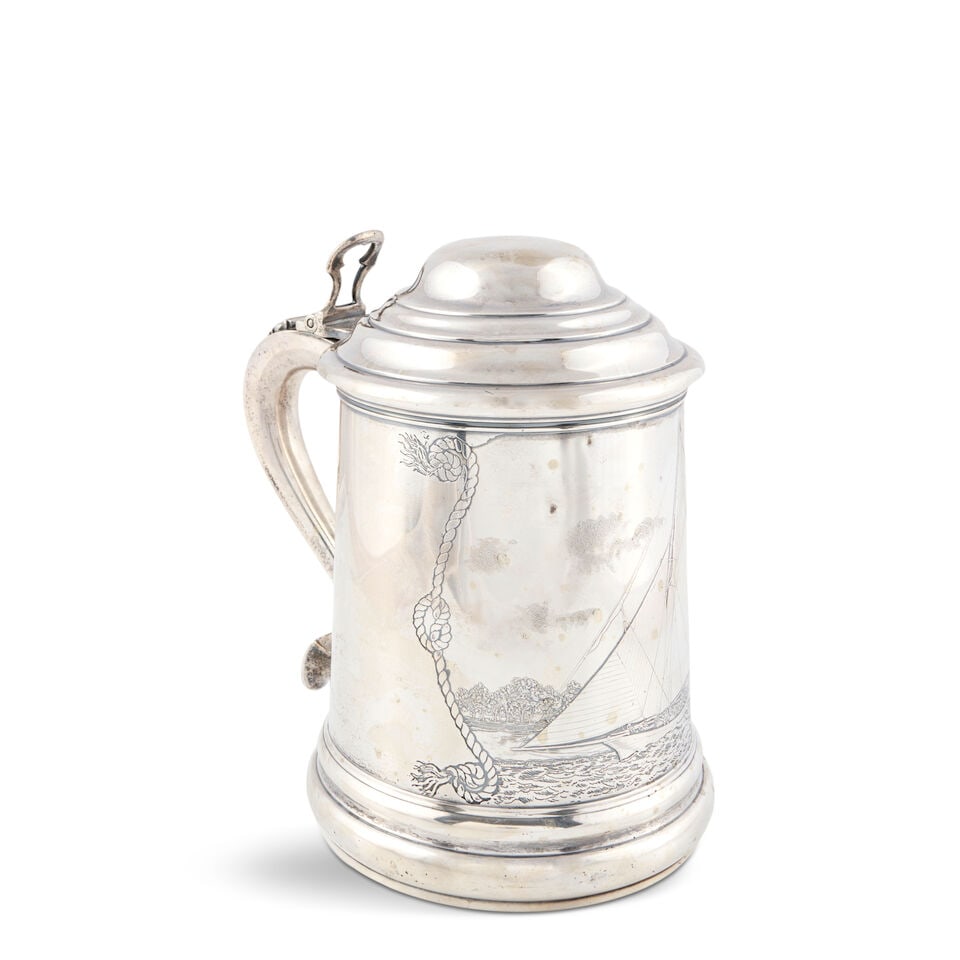 Dominick & Haff Sterling Silver Tankard,: Dominick & Haff Sterling Silver Tankard, New York, 1896, retailed by Howard & Co., acid etched yachting motif, ht. 8 1/2 in., approx. 33.70 troy oz. For further information on this lot please visit