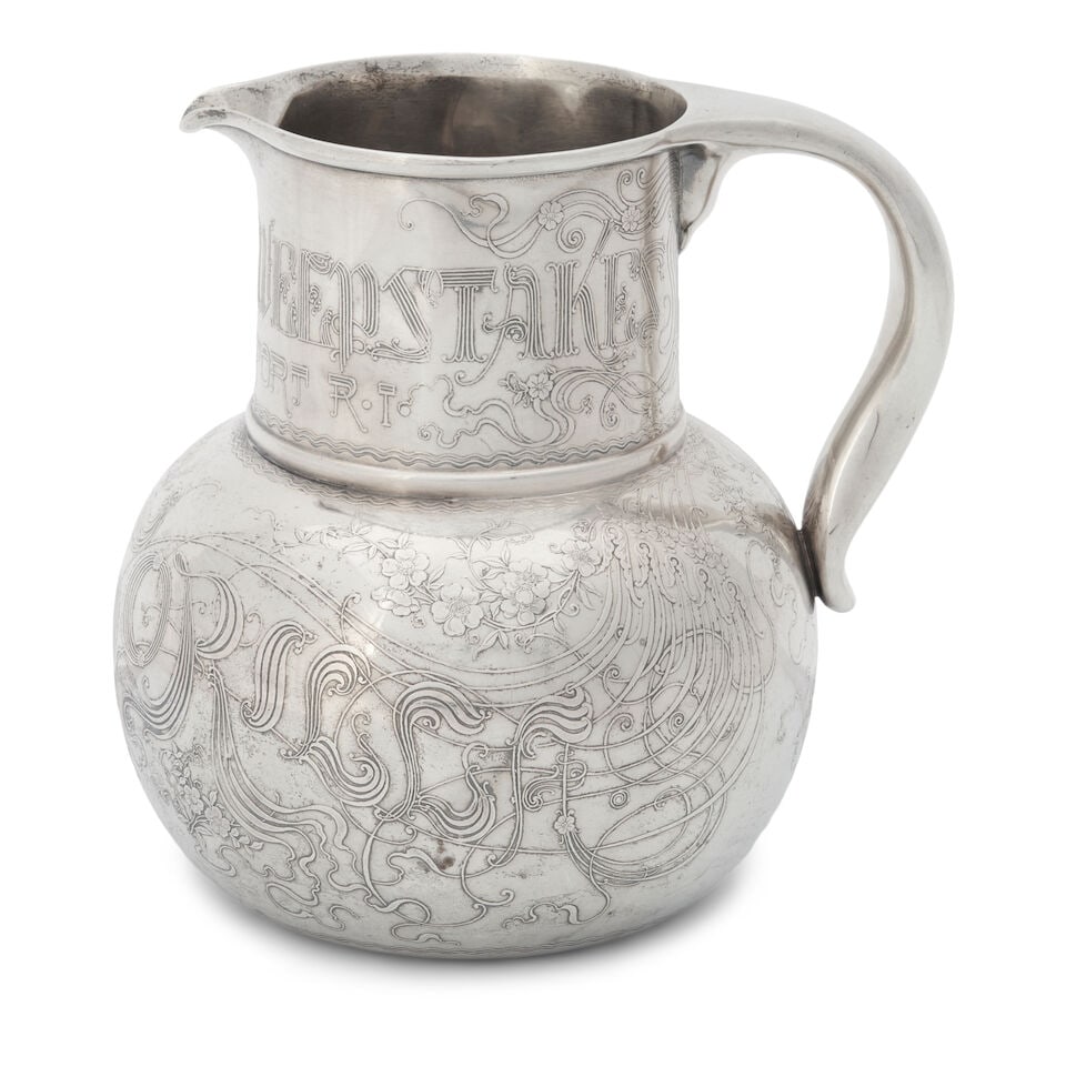 Whiting Sterling Silver Trophy Pitcher,: Whiting Sterling Silver Trophy Pitcher, 1889, in the Art Nouveau style with acid etched inscription for Corinthian Sweepstakes 3rd prize, ht. 8 inches, approx. 25.05 troy oz. For further information o