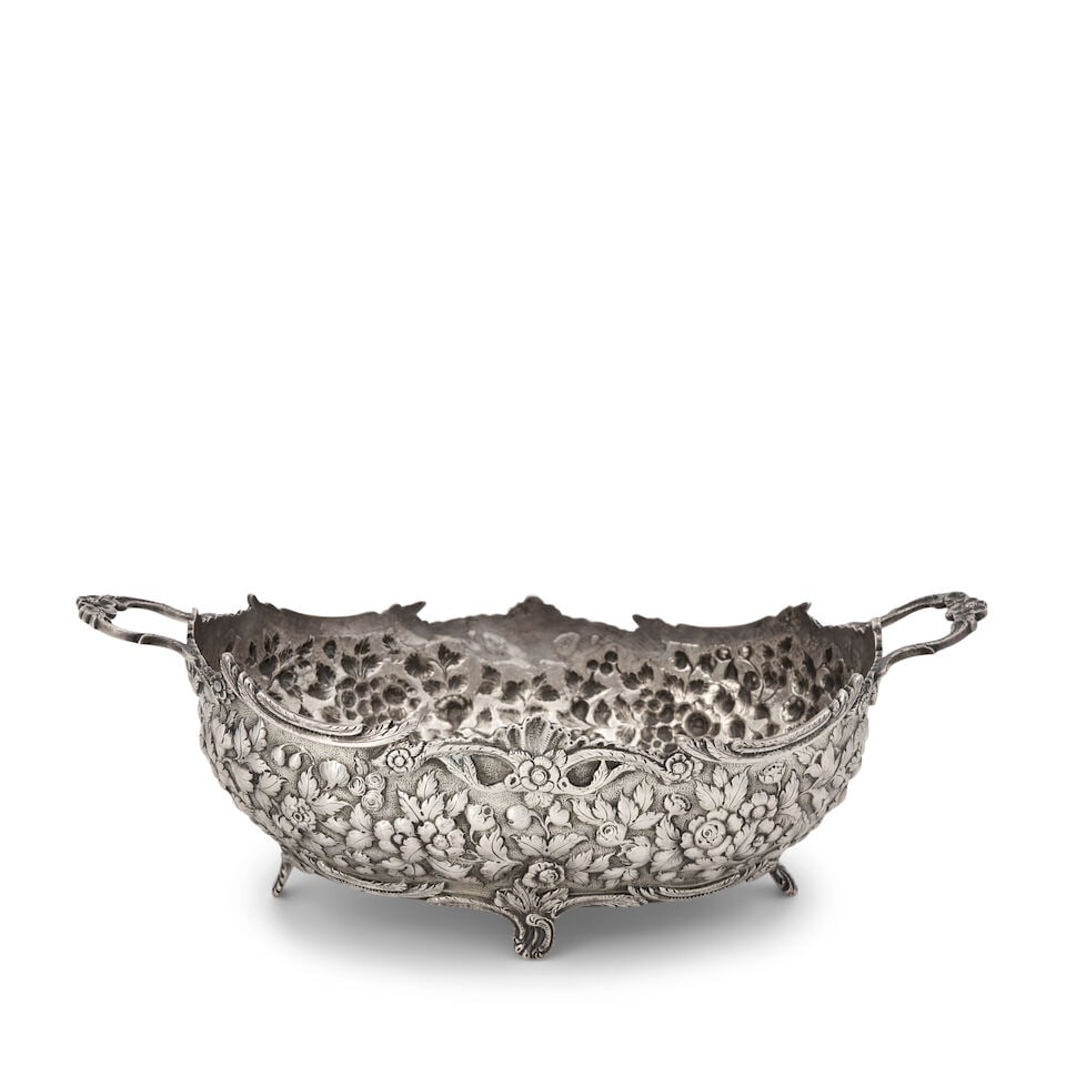 S. Kirk 11oz Silver Fruit Bowl,: S. Kirk 11oz Silver Fruit Bowl, Baltimore, Maryland, 1880-1890, entirely decorated in floral repousse, ht. 4 1/2, lg. to handles 13 1/2 in.; approx. 26.10 troy oz. For further information on this lot