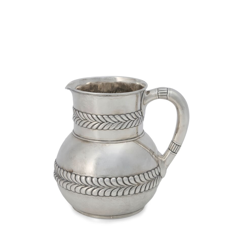 Tiffany & Co. Sterling Silver Water Pitcher,: Tiffany & Co. Sterling Silver Water Pitcher, New York, 1873-1891, of globular form, the body and neck with herringbone bands in repousse, ht. 7 1/4 in., approx. 21.25 troy oz. Footnotes: Provenance: P