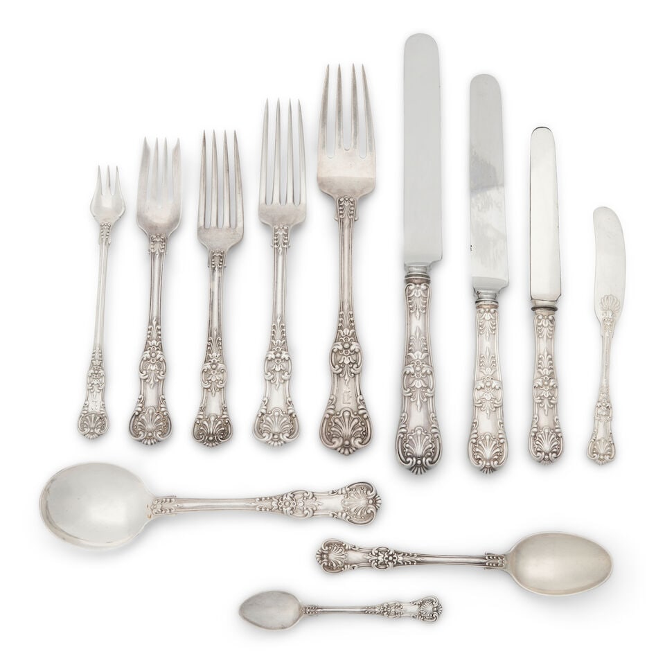 Tiffany & Co. 'English King' Sterling Silver Flatware Service,: Tiffany & Co. 'English King' Sterling Silver Flatware Service, New York, 1873-1891, includes twelve of each: blunt hollow handle dinner knives (10 1/4), blunt hollow handle dinner knives (9 1/4 in.), 