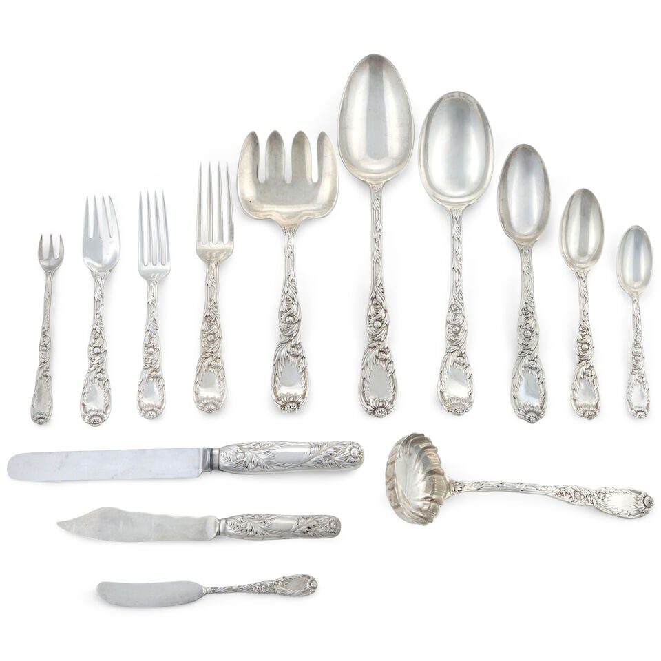 Tiffany 'Chrysanthemum' Sterling Silver Flatware Service,: Tiffany 'Chrysanthemum' Sterling Silver Flatware Service, New York, 1873-91, fourteen of each: hollow-handle dinner knives, hollow-handle fish forks, flat-handle butter spreaders (two with designs on 