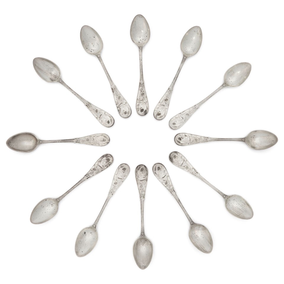 Twelve Tiffany & Co. Audubon Sterling Silver Demitasse Spoons,: Twelve Tiffany & Co. Audubon Sterling Silver Demitasse Spoons, New York, 1873-1891, monogrammed, lg. 4 1/8 in.; approx. 5.10 troy oz. For further information on this lot please visit Bonhams.com For f