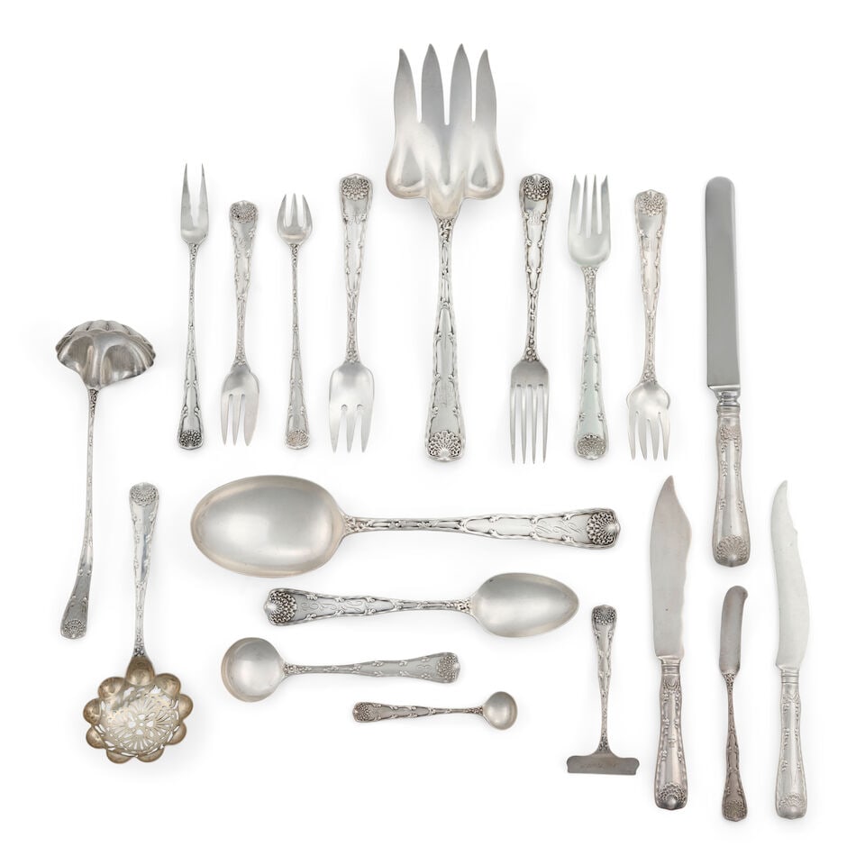 Tiffany 'Wave Edge' Sterling Silver Luncheon Set,: Tiffany 'Wave Edge' Sterling Silver Luncheon Set, New York, 1873-1891, some pieces monogrammed, includes eighteen luncheon forks, fifteen bouillon spoons, fourteen fish forks, twelve: hollow-handle lu
