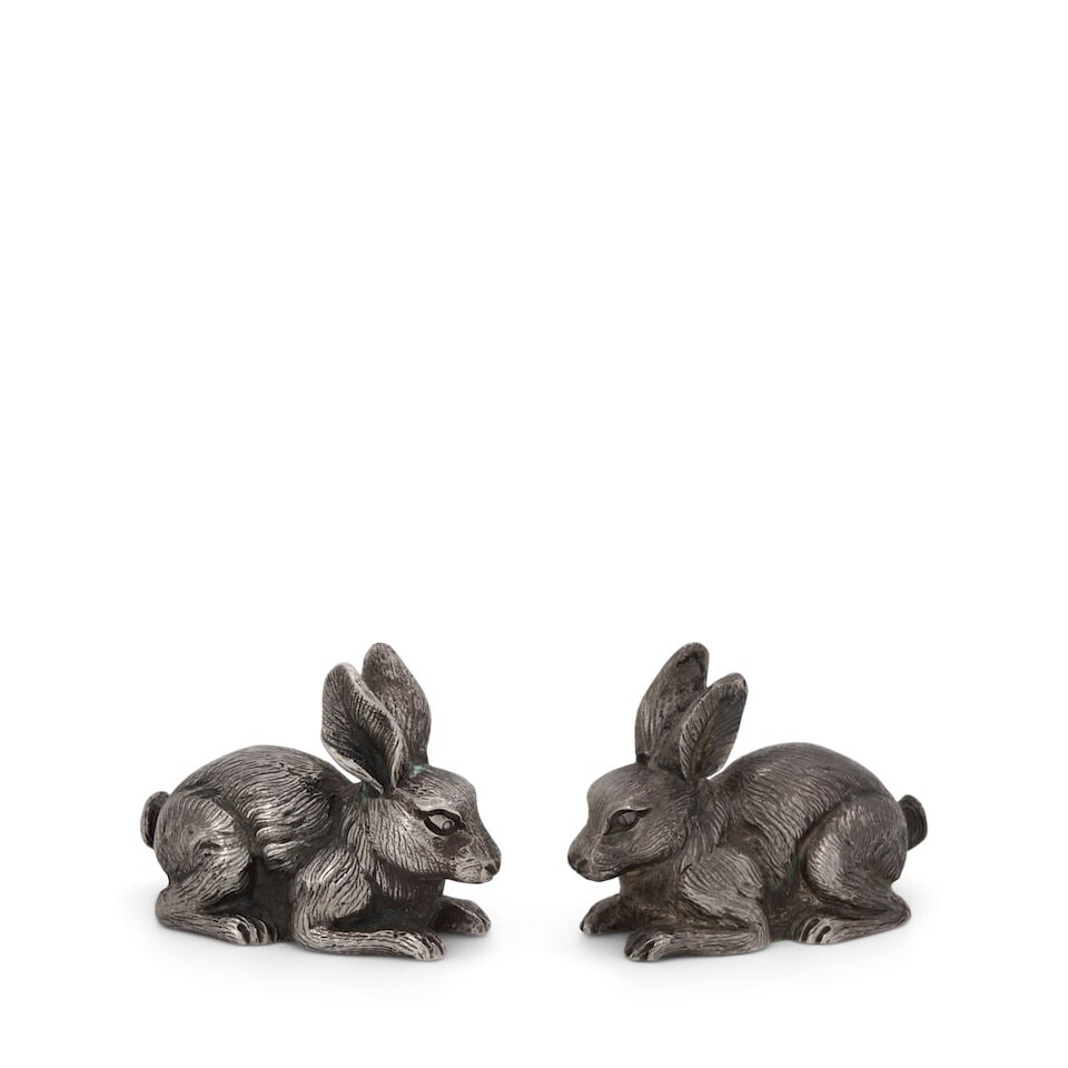 Pair of Tiffany & Co. Sterling Silver Rabbit-form Salt and Pepper Shakers,: Pair of Tiffany & Co. Sterling Silver Rabbit-form Salt and Pepper Shakers, made in Portugal for Tiffany & Co., bearing Portuguese hallmarks, realistically modeled, lg. 2 1/2 in., approx. 5.10 troy oz.