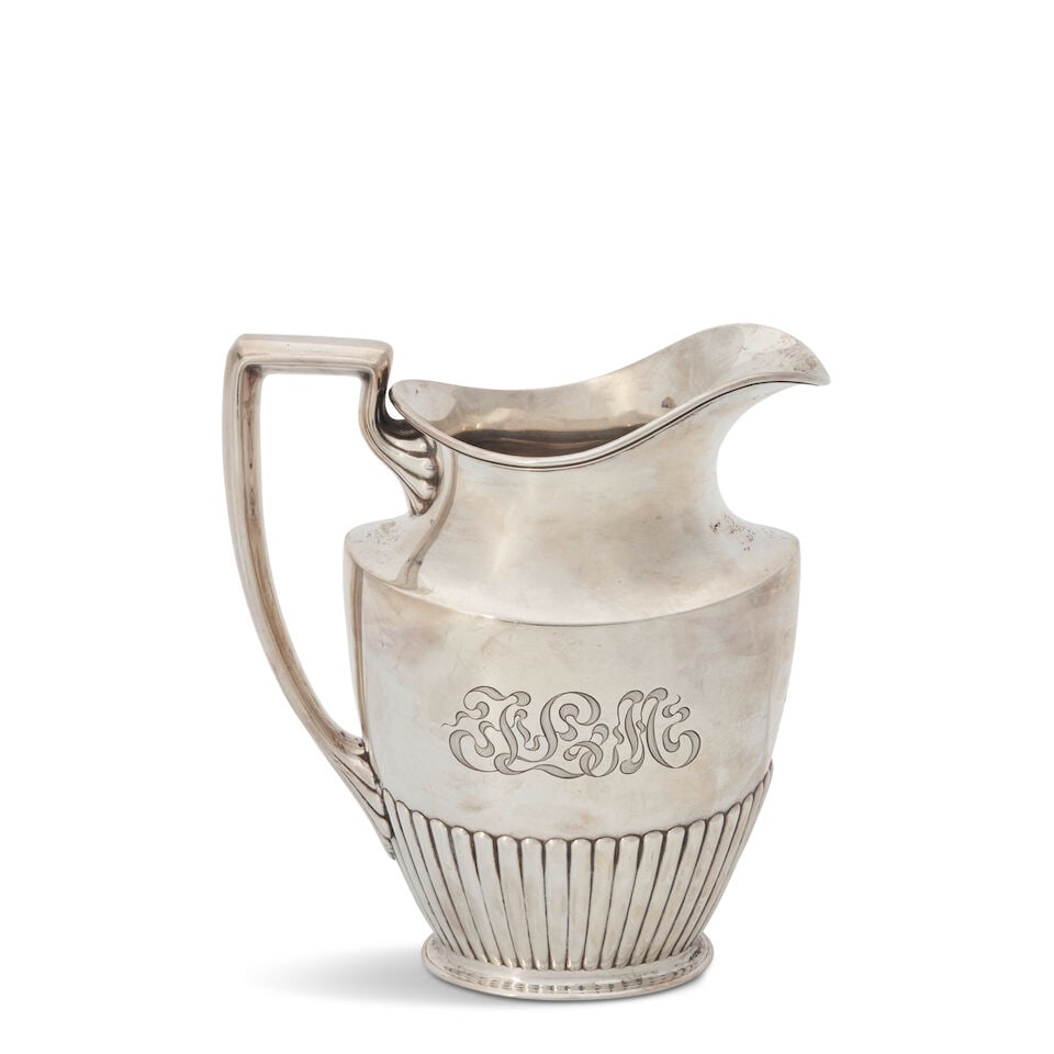 Gorham Sterling Silver Water Pitcher,: Gorham Sterling Silver Water Pitcher, Providence, Rhode Island, 1901, monogrammed and with gadrooning to the lower portion of the body, ht. 8 1/2 in., approx. 22 troy oz. For further information on th