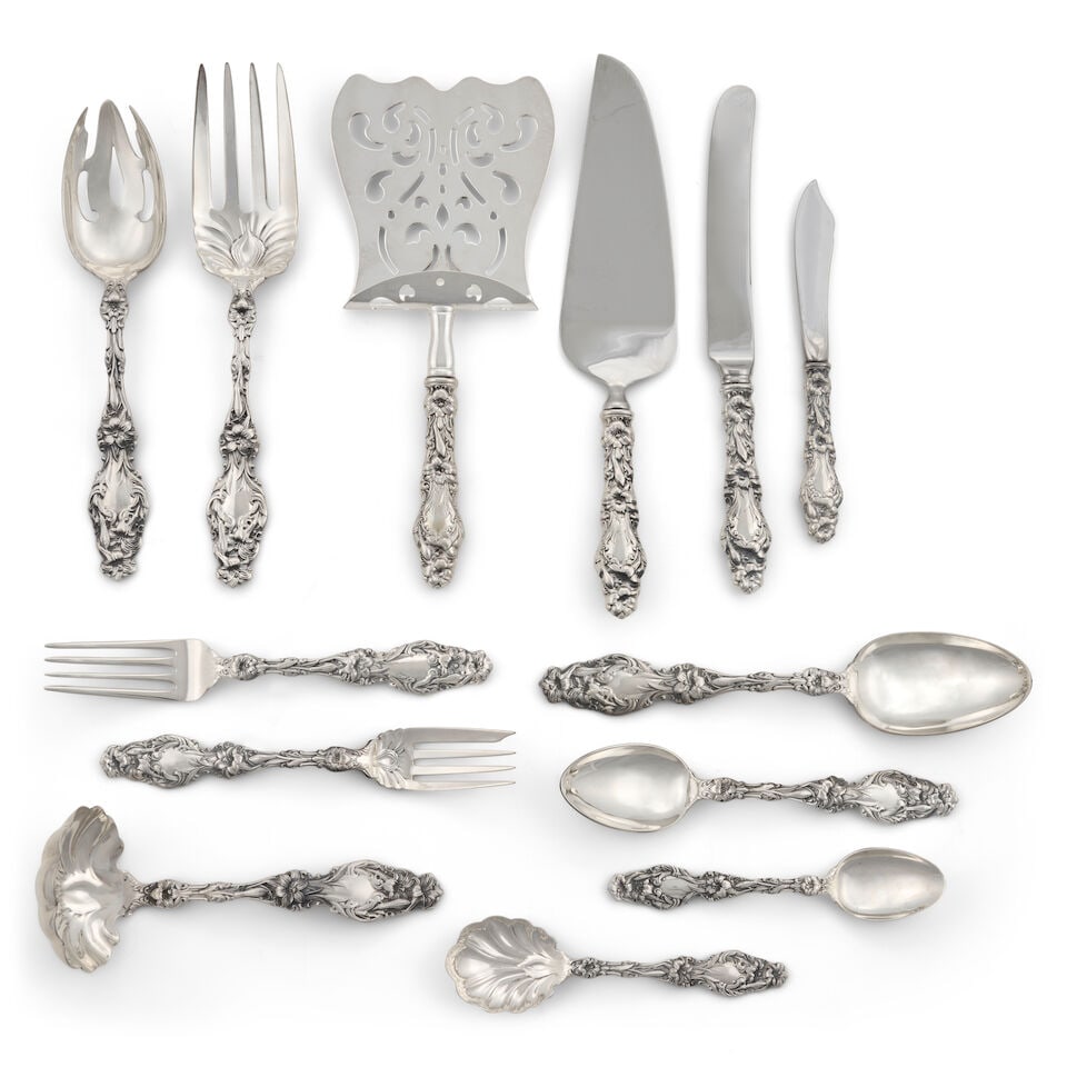 Gorham 'Lily' Sterling Silver Flatware Service,: Gorham 'Lily' Sterling Silver Flatware Service, Providence, Rhode Island, 20th century, seventeen: hollow handle dinner knives, dinner forks, salad forks, place spoons, teaspoons; four: tablespoons, p