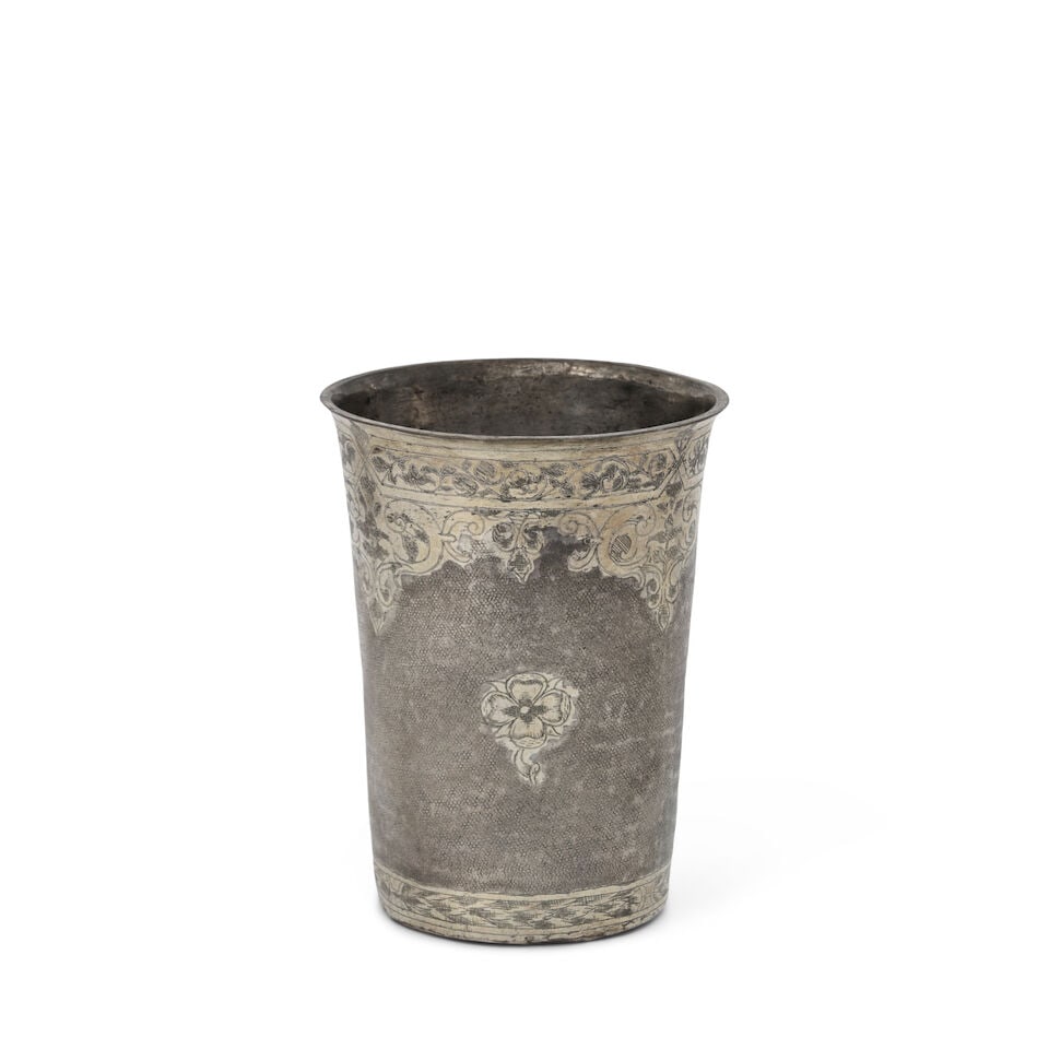 Northern European Silver Parcel-gilt Snakeskin Beaker,: Northern European Silver Parcel-gilt Snakeskin Beaker, late 17th century, maker's mark 'IG' in a shaped cartouche, cylindrical with a slighted flared rim engraved with scrolled foliage in a geometric