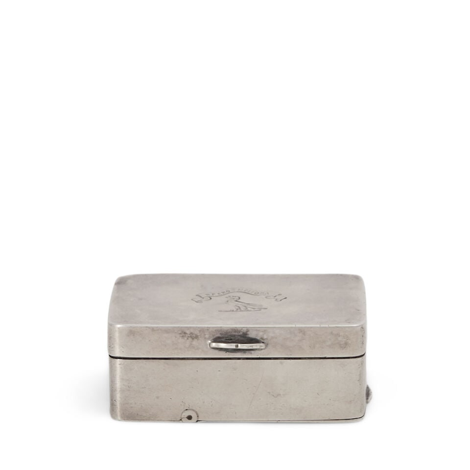 German Silver Nutmeg Grater,: German Silver Nutmeg Grater, Augsburg, circa 1700, rectangular, the crested hinged lid opens to reveal a grater, the interior compartment opens to release to shavings, lg. 2 1/2 in., approx. 3.30