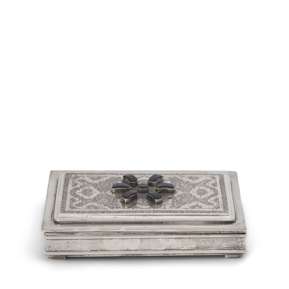 German Silver-mounted Lapis Box,: German Silver-mounted Lapis Box, Hanau, B. Neresheimer & Söhne, maker, with London import mark for 1928, oval, the hinged silver lid topped with a lapis plaque and mounted with blank, the body co