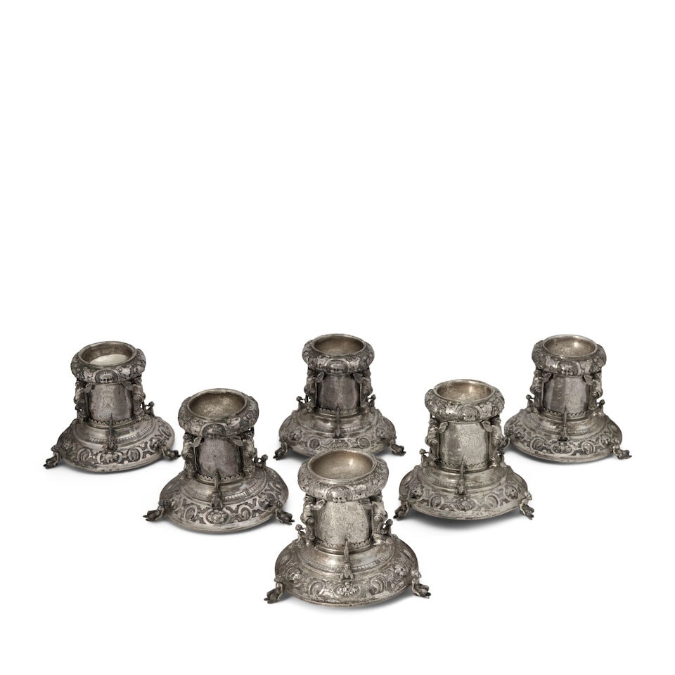 Six German Silver Table Salts,: Six German Silver Table Salts, 17th century, 13 Loth standard, gilt interior, later monogram C.S.R. to the underside of the base, ht. 4 in., approx. 58.05 total troy oz. For further information on