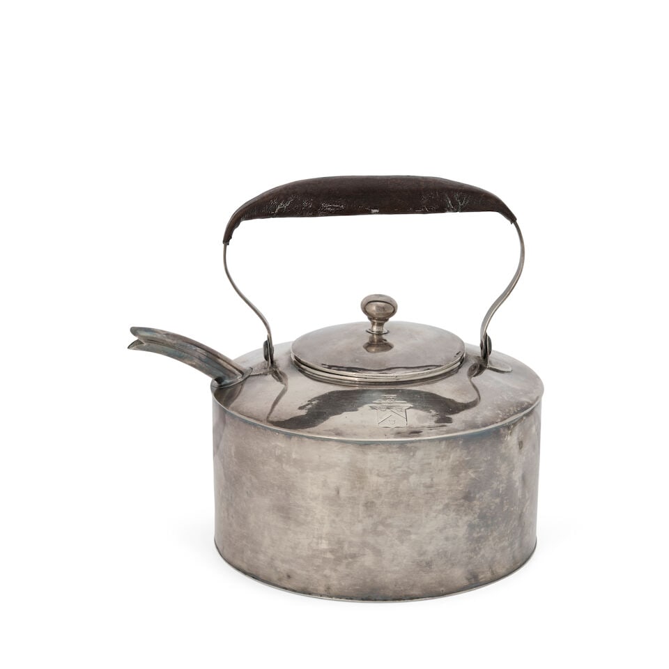 French .950 Silver Kettle,: French .950 Silver Kettle, Paris, 1819-1838, marker's mark MC/V separated by an anchor surmounted by two stars in a lozenge, drum form with a leather wrapped swing handle, crested, ht. to handle 7 in.
