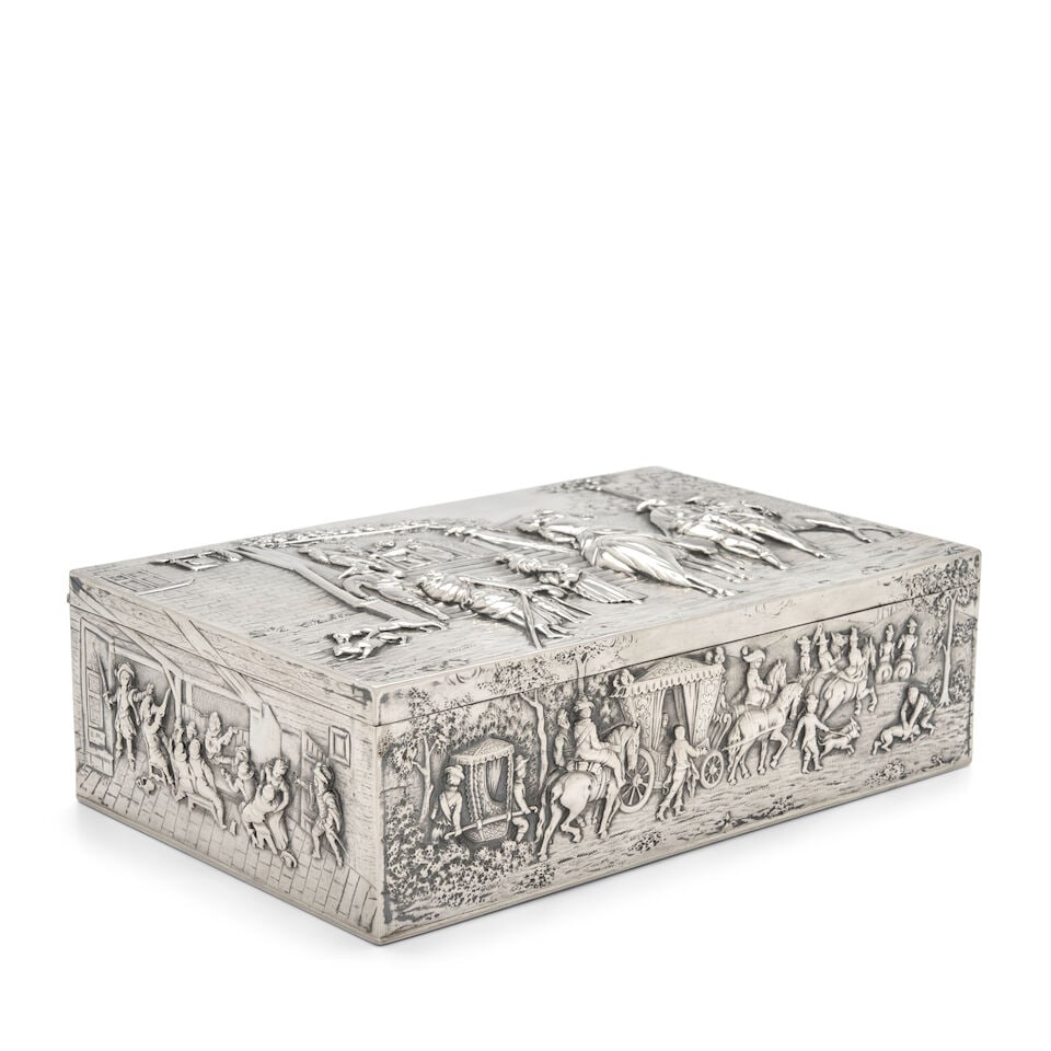 German .800 Silver Repousse Box,: German .800 Silver Repousse Box, Hanau, early 20th century, Friedrich Ruesswig, maker, rectangular, depicting several genre scenes in repousse, ht. 2 1/2, wd. 8 5/8, dp. 5 5/8 in., approx. 29.10 troy 
