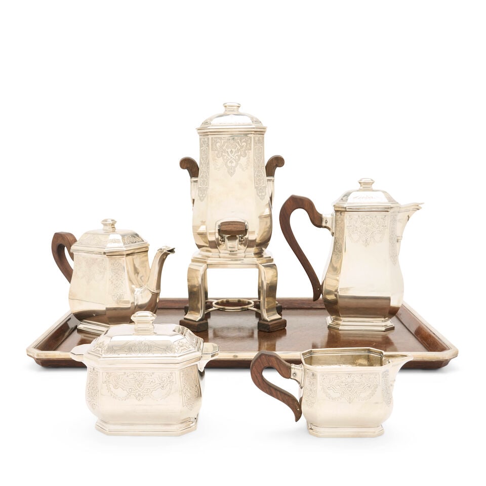 Tetard Freres .950 Silver Coffee and Tea Service with Tray,: Tetard Freres .950 Silver Coffee and Tea Service with Tray, Paris, 20th century, impressed 99185, includes kettle on stand (lacking burner), ht. 13 1/2; coffeepot, ht. 8 3/4; teapot, ht. 6 3/4;