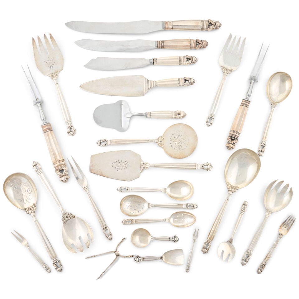 Georg Jensen 'Acorn' Sterling Silver Flatware Service,: Georg Jensen 'Acorn' Sterling Silver Flatware Service, Denmark, post-1945, includes thirteen dinner forks, twelve: hollow-handle dinner knives, hollow-handle luncheon knives, hollow-handle fruit knive