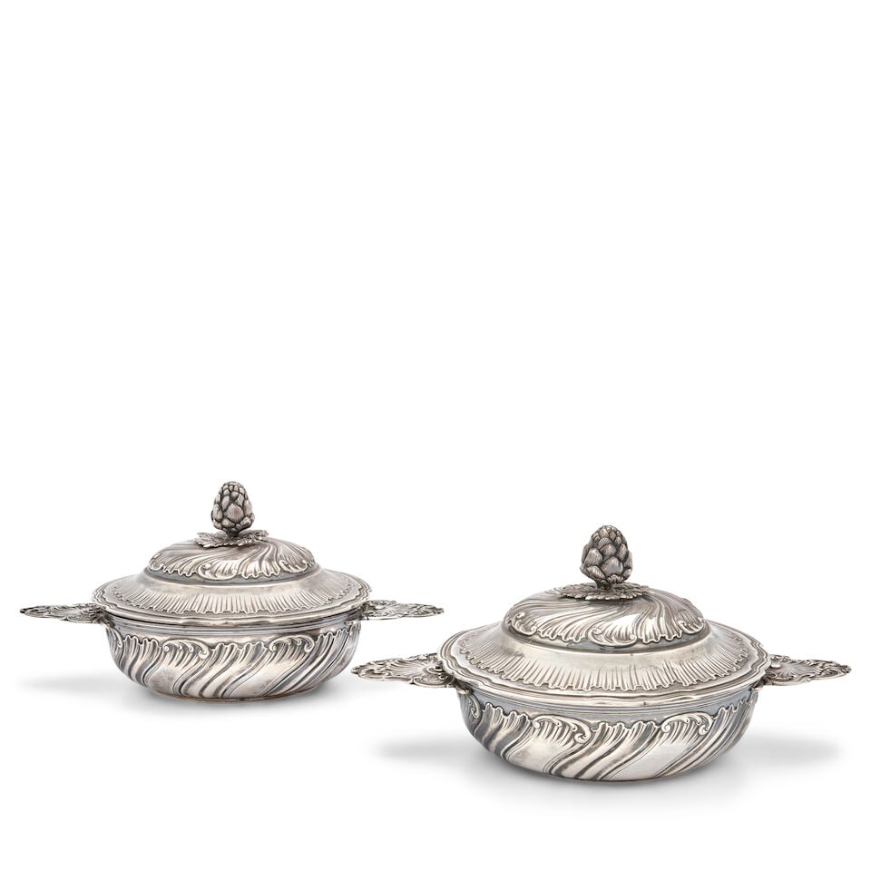 Pair of French .950 Silver Ecuelles and Covers,: Pair of French .950 Silver Ecuelles and Covers, Paris, early 20th century, P. Fres, maker, the spiral fluted body with rococo cast handles, the shaped circular lid with an artichoke finial, the