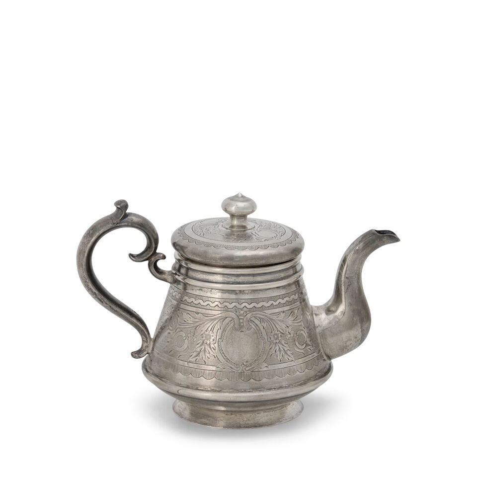 Russian .875 Silver Bachelor's Teapot,: Russian .875 Silver Bachelor's Teapot, Moscow, 1878, 84 Zolotnik standard, Ilya Kuzmin, maker, in the Pan-Slavic style, ht. 5 inches, approx. 12 troy oz. For further information on this lot please vis