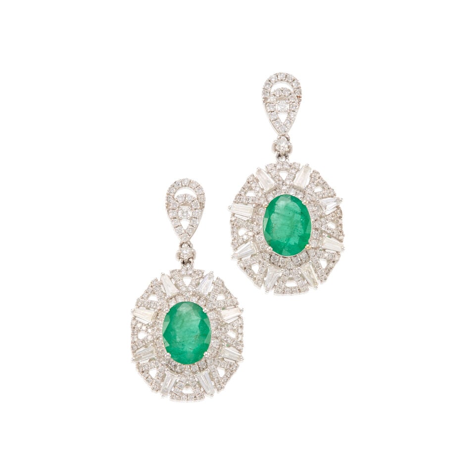 GOLD, EMERALD, AND DIAMOND EARRINGS: GOLD, EMERALD, AND DIAMOND EARRINGS • 16K white gold • Two oval shaped emeralds weighing approximately 2.20 carats total • Numerous triangular shaped diamonds weighing approximately