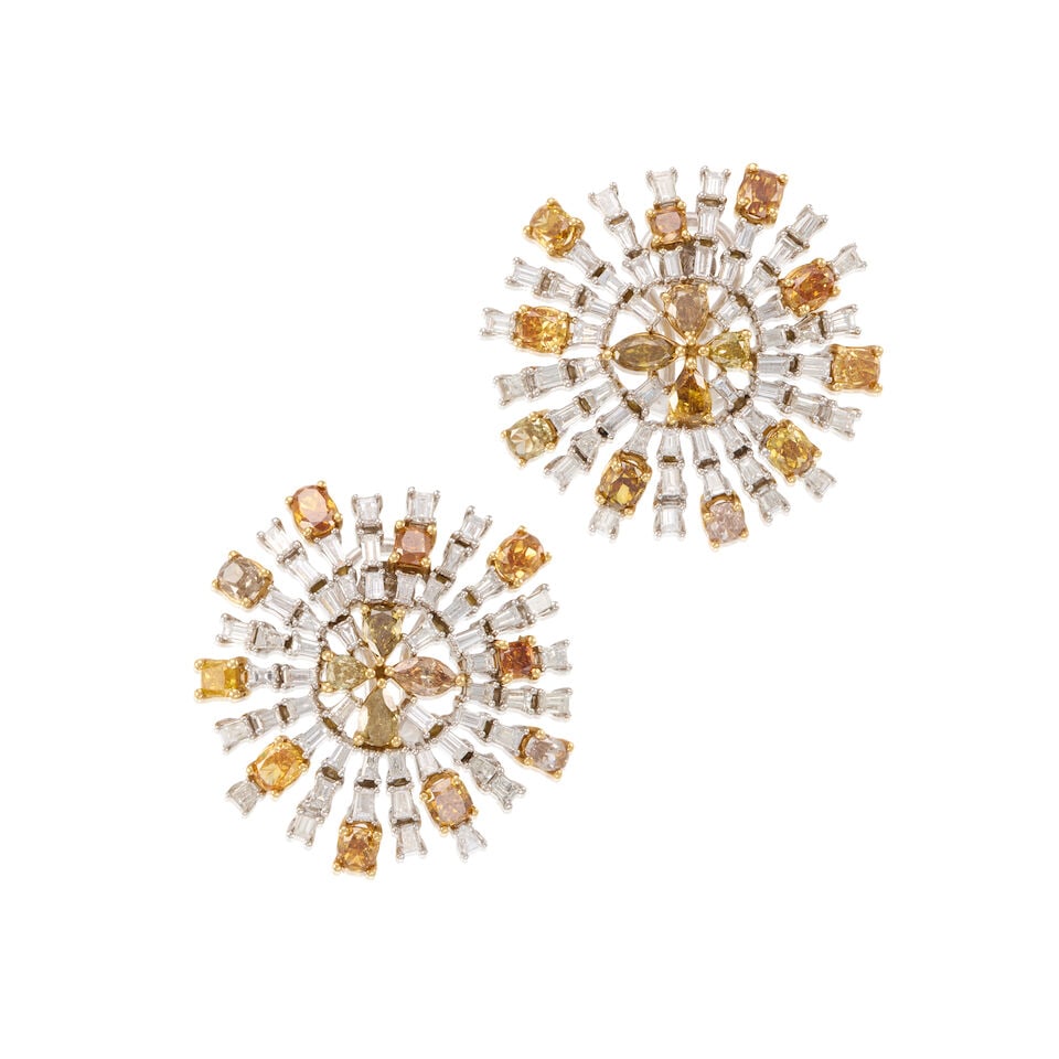 18K BICOLOR GOLD, COLORED DIAMOND, AND DIAMOND EARRINGS: 18K BICOLOR GOLD, COLORED DIAMOND, AND DIAMOND EARRINGS • 18K white and yellow gold • Numerous colored diamonds in various shapes weighing approximately 3.10-3.70 carats total •