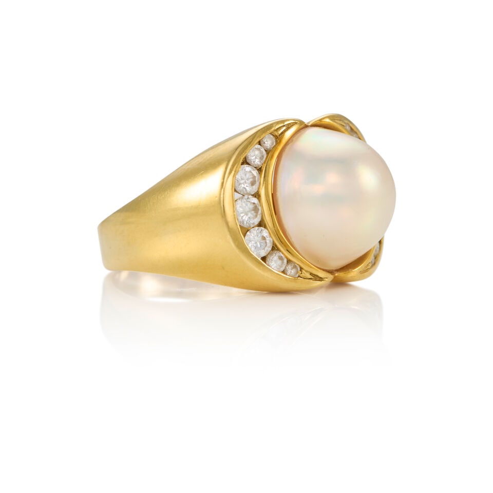 18K GOLD, CULTURED PEARL, AND DIAMOND RING - 2
