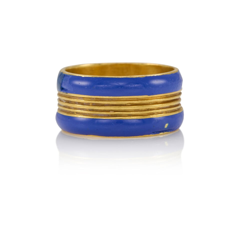 CARTIER: GOLD AND ENAMEL RING: CARTIER: GOLD AND ENAMEL RING • 18K yellow gold • Partially stamped CARTIER • Vintage • Size 6 • Estimated gross weight: 8.3 grams Footnotes: Overall condition,